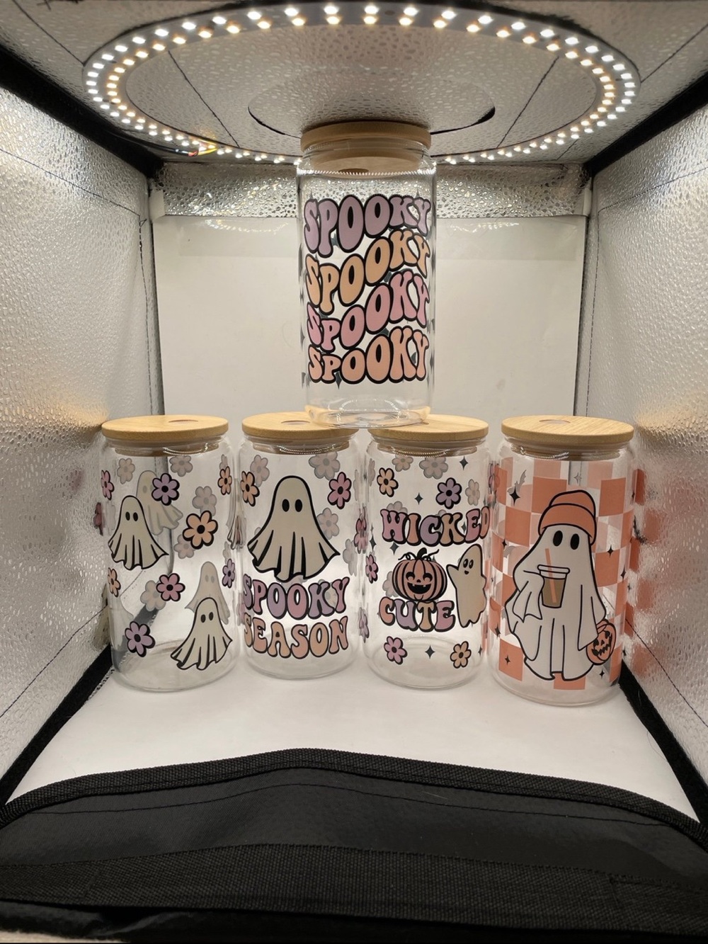 Hand Crafted Halloween Ghost Glass Canister Set - Pink, Peach, Black, White